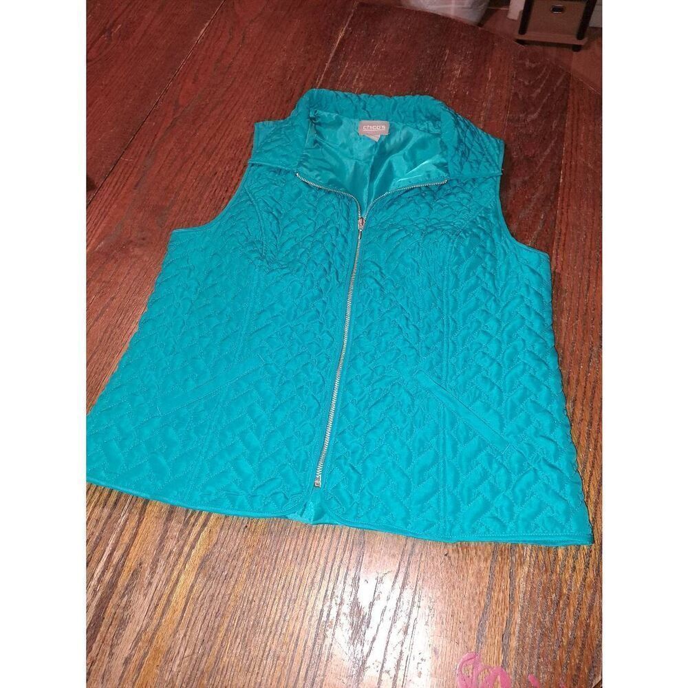 Medium Size 8 Chicos Size 1 Blue Green Front Zip Sleeveless Quilted Vest